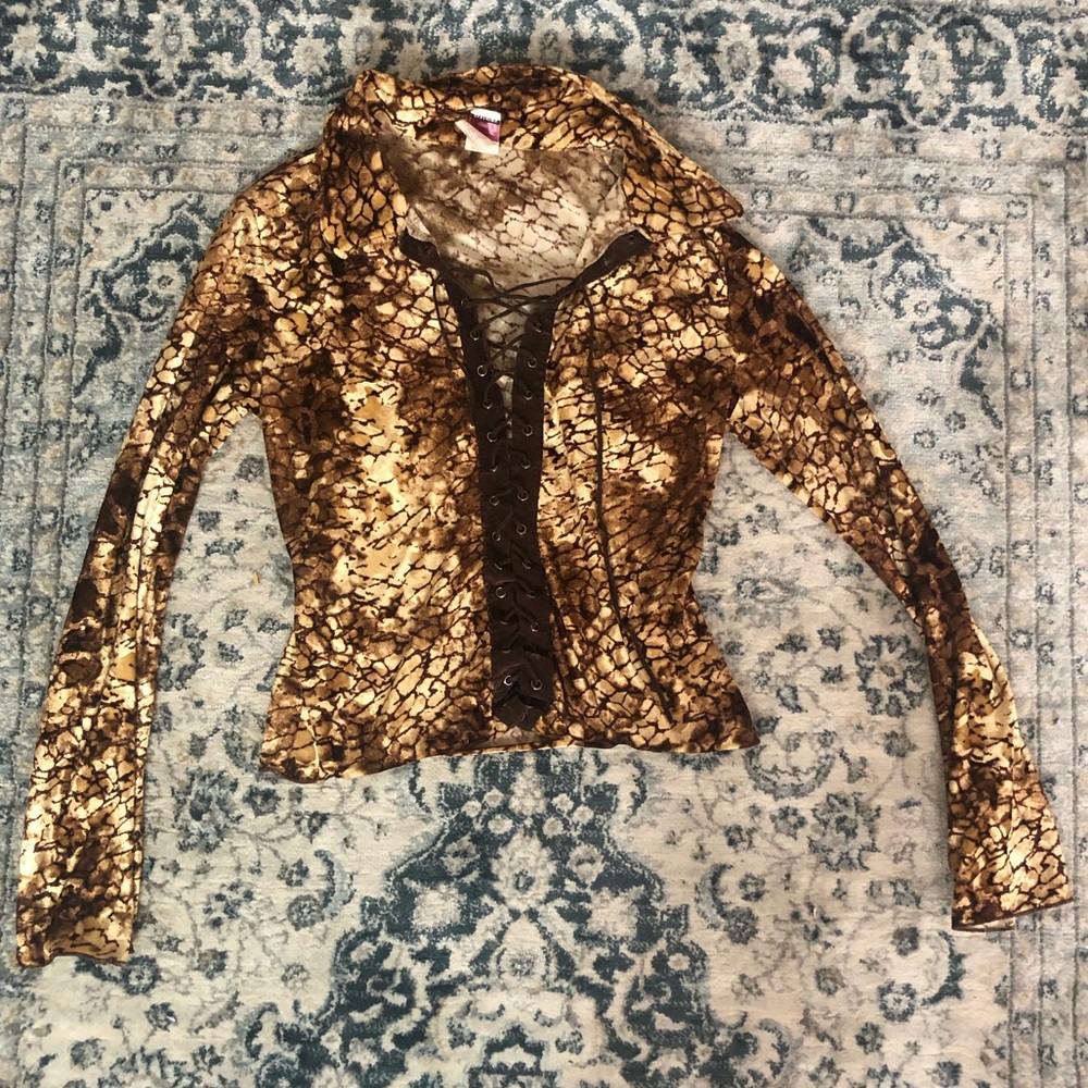 Vintage velvet lace up top. Snake print